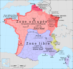 Une carte représentant la division du territoire français, durant la Seconde Guerre mondiale, entre une zone libre correspondant à un large tiers sud-est du pays et une zone occupée correspondant au nord du pays et au littoral atlantique.